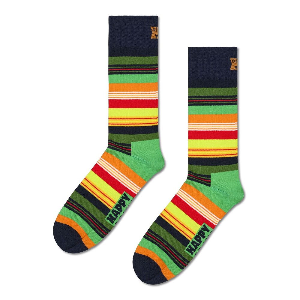 HAPPY SOCKS Crew Socks Black Green Stripe Combed Cotton Unisex M 8-12 W 10-12.5